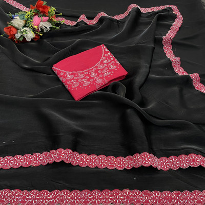 VarniRaaj Fashion Embellished Bollywood Silk Blend Saree(Black)