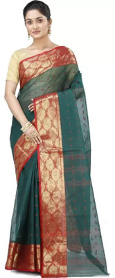 supriya Self Design Tant Cotton Silk Saree(Dark Green)