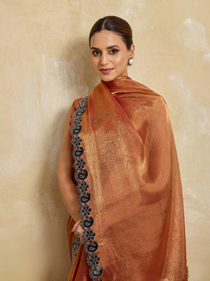 BFM Embroidered Bollywood Tissue Saree(Brown)