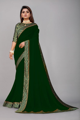 Georgette Saree Solid/Plain Jamdani Georgette, Crepe Saree(Dark Green)