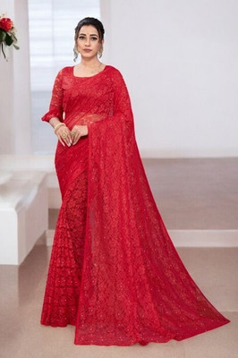 NORAFLEX Embroidered Bollywood Net Saree(Red)