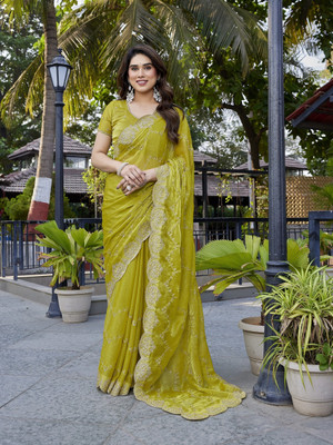 Tasrika Solid/Plain Bollywood Jimmy choo Saree(Green)