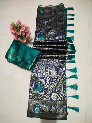 het designer studio Floral Print, Applique, Blocked Printed, Embroidered, Woven, Self Design Bollywood Cotton Silk Saree(Blue)