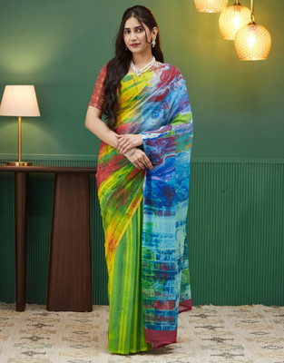 all about you Digital Print, Printed Daily Wear Georgette Saree(Yellow, Green)