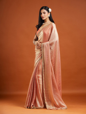Croza Solid/Plain Chanderi Chiffon, Tussar Silk Saree(Orange)