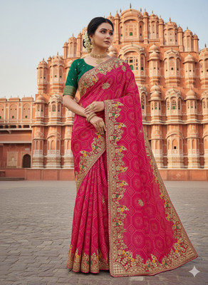 WOMENGIRLFASHION Embroidered Bandhani Georgette Saree(Pink)