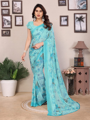 SHUBHSWAR Printed Bollywood Georgette Saree(Light Blue)