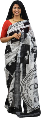 JAIPURI BLOCK PRINT Printed Daily Wear Pure Cotton Saree(Black, White)