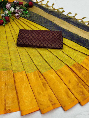 Fancy Fab Self Design Kanjivaram Cotton Silk Saree(Yellow)