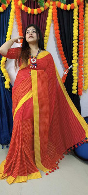 Basuu store Striped Bollywood Pure Cotton Saree(Red)