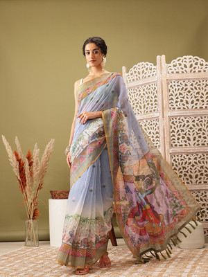 SILK ZONE Printed Chanderi Cotton Blend Saree(Grey)
