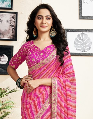 Samah Printed, Embellished Leheria Chiffon, Georgette Saree(Pink, Magenta)