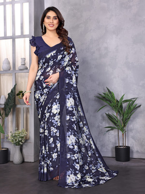 Divastri Printed Bollywood Georgette Saree(Dark Blue, White)