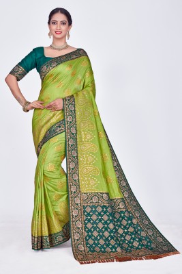 AAGIRI Embellished Kanjivaram Dupion Silk Saree(Light Green, Dark Green)