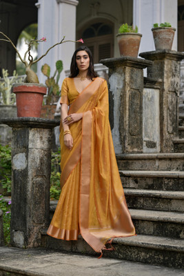 PeachPetals Woven, Self Design Banarasi Cotton Silk Saree(Yellow)