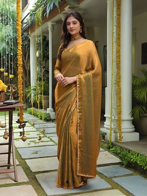 Online Bazaaar Embroidered, Solid/Plain Bollywood Chiffon, Pure Silk Saree(Gold)