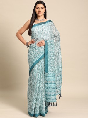 Divastri Blocked Printed Chanderi Cotton Blend Saree(Light Blue)