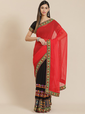Tasrika Embroidered, Printed Bollywood Georgette Saree(Black, Red)