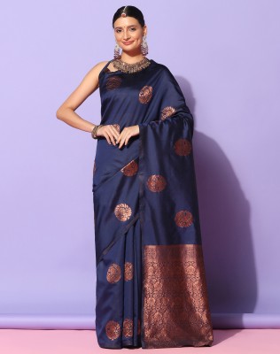 SIRIL Woven, Embellished, Self Design Banarasi Silk Blend, Jacquard Saree(Blue, Gold)