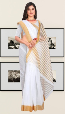 SHRISAREEESa Striped Bollywood Pure Cotton Saree(White)