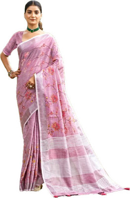 BUNAWAT Woven Daily Wear Linen Saree(Pink)