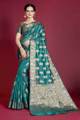 HouseOfCommon Woven Bollywood Organza, Net Saree(Light Green)