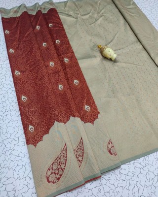 GajGajra Embellished, Woven, Self Design Kanjivaram Jacquard, Silk Blend Saree(Maroon, Light Green)