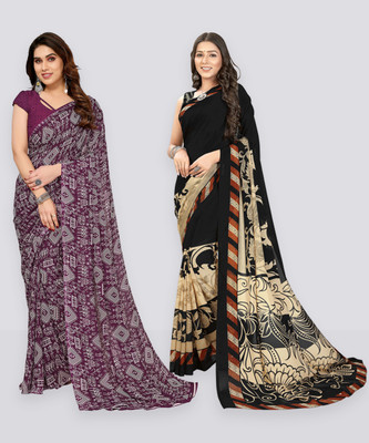 Anand Sarees Floral Print, Polka Print, Ombre, Printed Bollywood Georgette Saree(Pack of 2, Black, Beige, Purple)