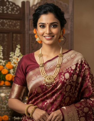 Bindi Solid/Plain Banarasi Jacquard Saree(Maroon)