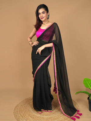 keshav piya fab Embroidered Bollywood Georgette, Chiffon Saree(Black)