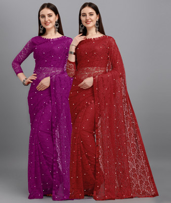 LOROFY Self Design Bollywood Net Saree(Pack of 2, Purple, Maroon)