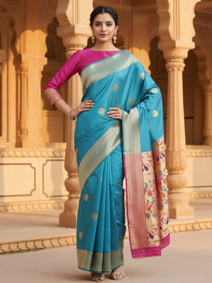 Sareemall Woven Banarasi Silk Blend Saree(Light Blue)