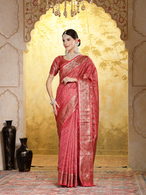 Stylum Geometric Print, Embellished Banarasi Organza Saree(Pink)