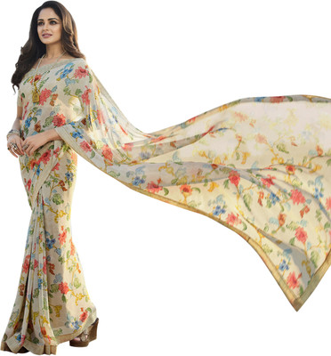 RAJESHWAR FASHION Printed Bollywood Georgette Saree(White, Multicolor)