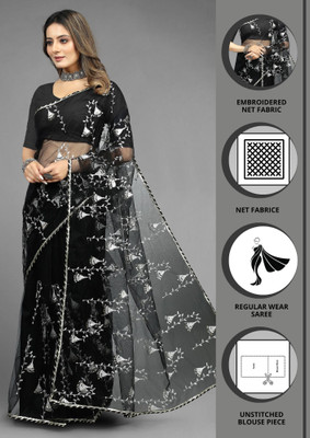 Yashakti Designer Embroidered Bollywood Net Saree(Black)