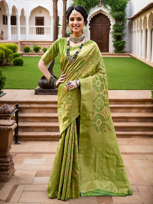 ANOUK Printed Chanderi Linen Saree(Green)