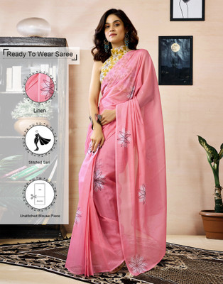 Samah Printed Daily Wear Linen Saree(Pink)