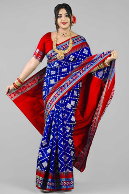 Sijileen Temple Border, Woven Sambalpuri Art Silk Saree(Dark Blue)