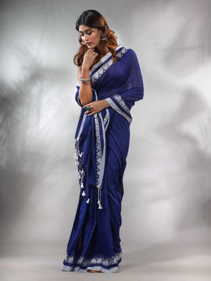 Sthaker Self Design Handloom Cotton Blend Saree(Blue)