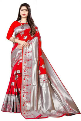 Madhav design Self Design Banarasi Pure Silk Saree(Red)