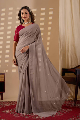 SILKORA Embroidered Bollywood Georgette Saree(Beige)