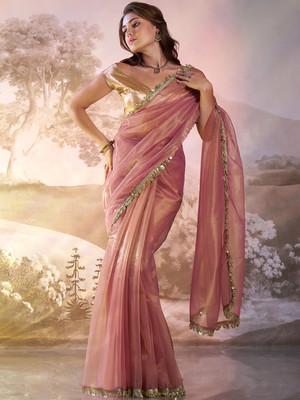 Divastri Embellished, Solid/Plain, Dyed Bollywood Organza Saree(Pink, Gold)
