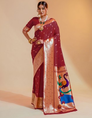 Satrani Woven, Ombre, Embellished Paithani Pure Silk, Jacquard Saree(Maroon, Multicolor)