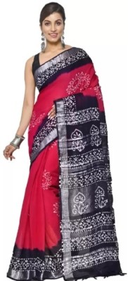 Shree Ethnic Printed Hand Batik Handloom Cotton Linen Saree(Pink, Black)