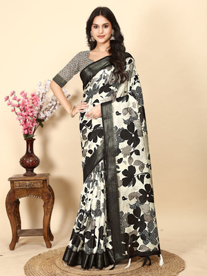 J6 Designers Floral Print Assam Silk Art Silk Saree(Black)