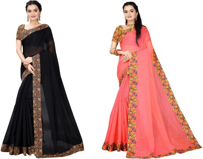 manish Solid/Plain Chanderi Cotton Blend Saree(Pack of 2, Black, Pink)