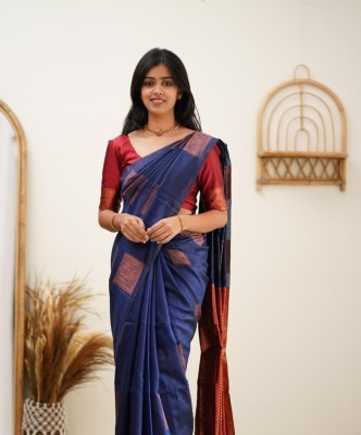 Divastri Woven Kanjivaram Pure Silk, Art Silk Saree(Blue, Red)