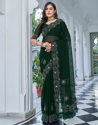 Satrani Dyed, Embellished Bollywood Georgette Saree(Dark Green, Silver)