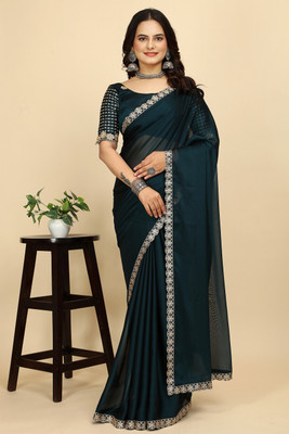 SAADHYA CREATION Embroidered, Solid/Plain Bollywood Chiffon Saree(Dark Blue)