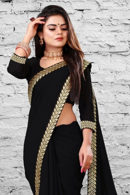 HPfashion Embellished, Solid/Plain Banarasi Georgette Saree(Black)